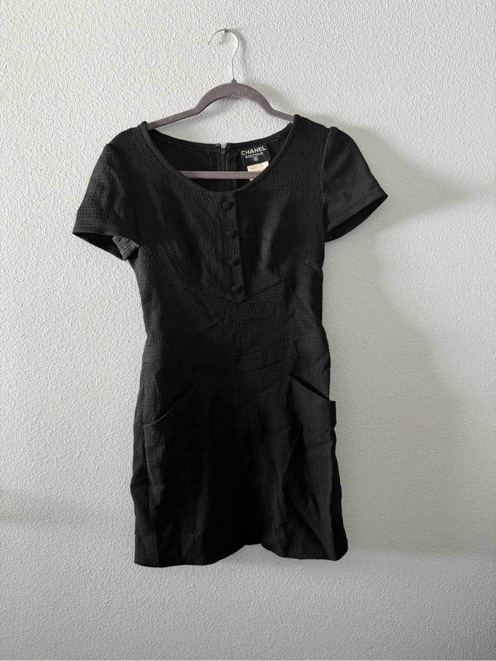 CHANEL Black Short-Sleeve Textured Mini Dress with Front Buttons